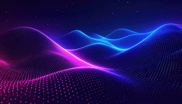 Abstract digital landscape of glowing, undulating, dotted lines