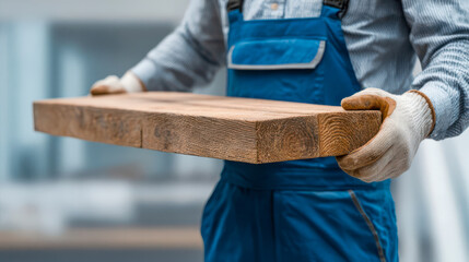 Carpenter holding wooden plank wearing protective gloves