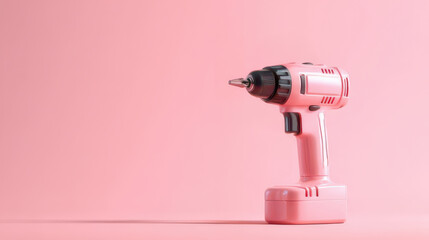 Pink cordless drill standing on pink background