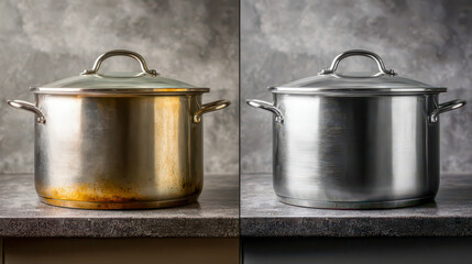 Cleaning burnt stainless steel pot restoring shine in the kitchen