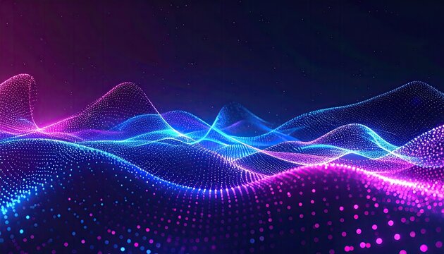 Abstract digital landscape with glowing, undulating lines of interconnected dots in vibrant purple and blue hues against a dark background