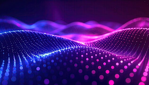 Abstract digital landscape of swirling, glowing particles in vibrant purple and blue