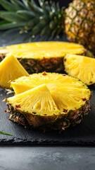 Sliced Pineapple on Dark Slate Background with Yellow Flesh and Green Leaves Detailed Texture Close Up Shot for Summer Adobe Stock