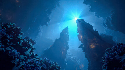 Sunlight illuminating underwater cave with coral reefs and rocks