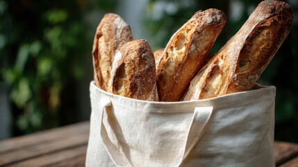 Freshly baked baguettes resting in reusable tote bag on wooden table
