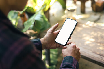 Mobile phone blank white screen mockup.texting using cell phone.background empty space for advertise.work people contact marketing business,technology