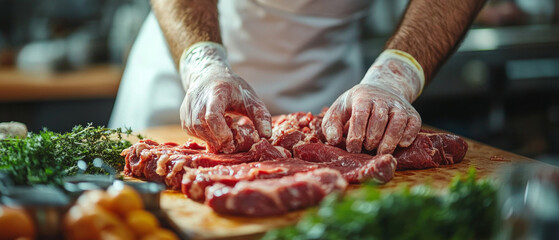 Chefs wearing gloves prepare meat with herbs in the kitchen, ideal for articles about professional cooking and recipes.