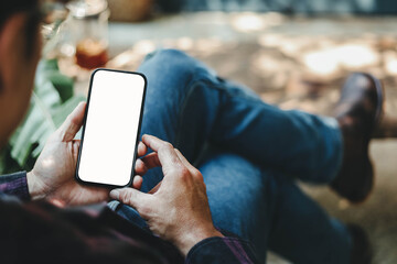 Mobile phone blank white screen mockup.texting using cell phone.background empty space for advertise.work people contact marketing business,technology