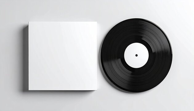 Blank white record album cover and black vinyl record on a light gray surface
