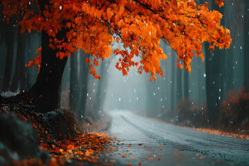 Enchanting Autumn Forest with Falling Leaves on a Serene Pathway