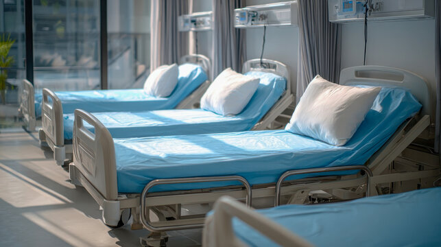 Empty hospital beds illuminated by sunlight waiting for patients in a modern clinic