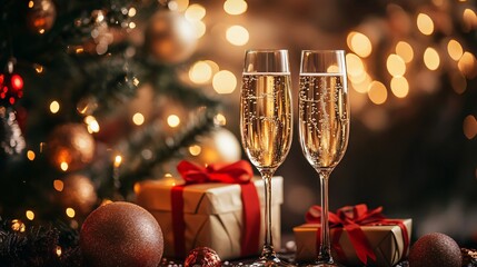 Festive scene champagne in a glass on a table with gold decorations Christmas tree background blurred yellow bokeh lights. Concept of celebrating holidays