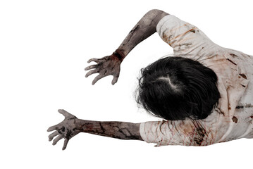Portrait of a scary male zombie with a wound and blood on the body isolated over a white...