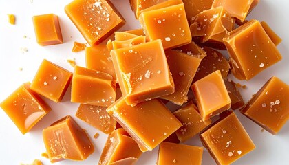Pile of caramel squares, studded with salt