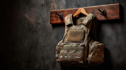 Camouflage bulletproof vest hanging on wooden hanger on dark background