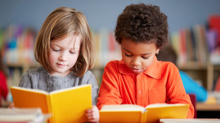 Two young students reading books in the library at school