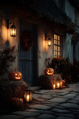 Obraz premium Halloween Night Cozy Decor with Jack-O'-Lanterns and Lanterns at Cottage Entryway