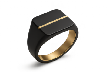 Modern black ring with gold stripe, isolated on transparent background