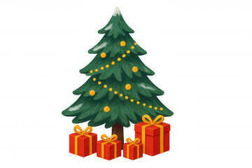 Christmas tree illustration with festive gifts, holiday celebration, and winter season decorations on transparent background