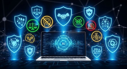Laptop displaying ai technology with digital security shields and data protection icons