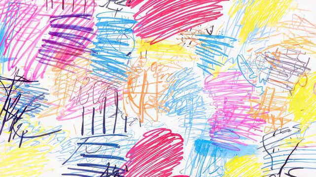 Displaying abstract colorful scribble pattern covering canvas, featuring overlay of marker strokes