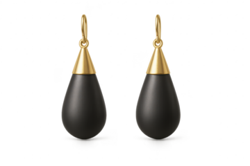 Sleek black and gold teardrop earrings isolated on transparent background