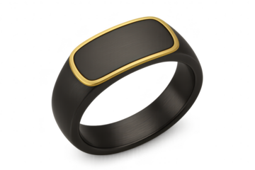 Sleek dark men's ring with gold rectangular insert, isolated on transparent background