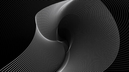 Abstract vector illustration of flowing dots forming dynamic wave patterns on a black background, symbolizing technology, sound, and music. 