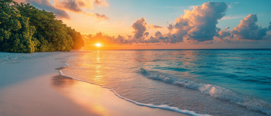 Sunset on a beach with palm trees and waves, soft clouds and golden hues in the sky.
Ideal for designing travel websites, advertising resorts, and decorating blogs about travel and nature.
