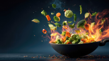 Chef preparing vegetarian food with flames and wok in the kitchen