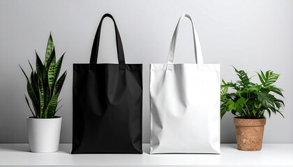Two blank tote bags, black and white, sit on a white surface flanked by potted plants