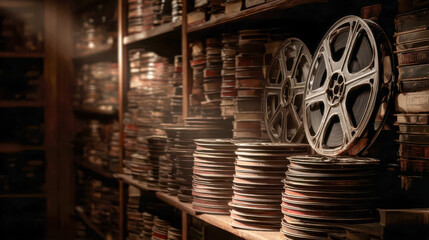 Old film reels and boxes filling shelves in archive