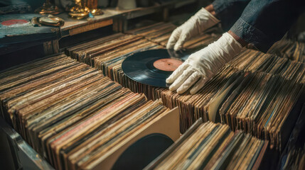 Archivist searching vintage vinyl records with white gloves