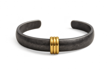 Stylish dark metal cuff bracelet with gold accents isolated on transparent background
