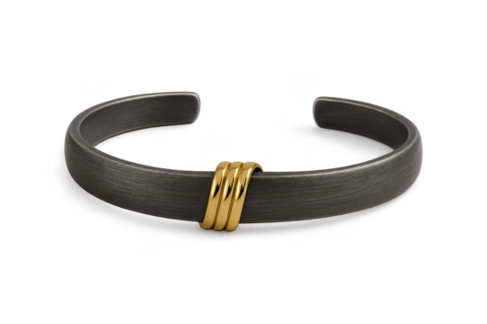 Dark metal cuff bracelet with golden rings, isolated on transparent background