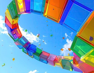 Colorful translucent cubes form a ring against a vibrant blue sky dotted with scattered clouds