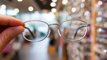 Optician holding eyeglasses in optical store