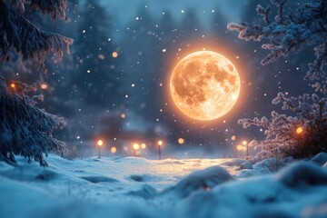 Naklejka premium Winter night scenery with snowy trees and bright stars in the sky, perfect for HD wallpapers.