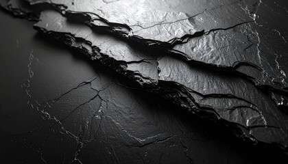 Dark, layered rock slabs with cracks