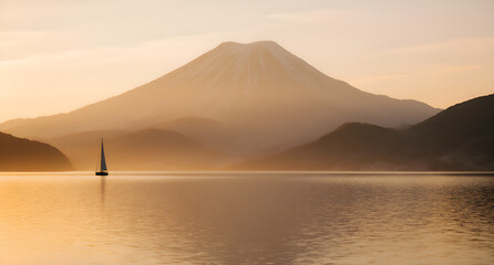 Mountain Vista with Sailboat at Golden Hour