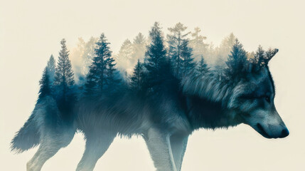 Majestic wolf embodying the spirit of the forest through double exposure
