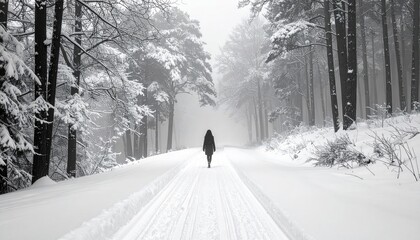 A solitary figure walks a snowy path through a misty forest (1)