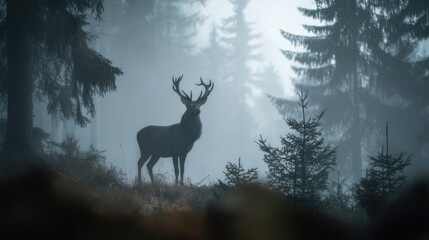 Majestic red deer stag standing in misty forest