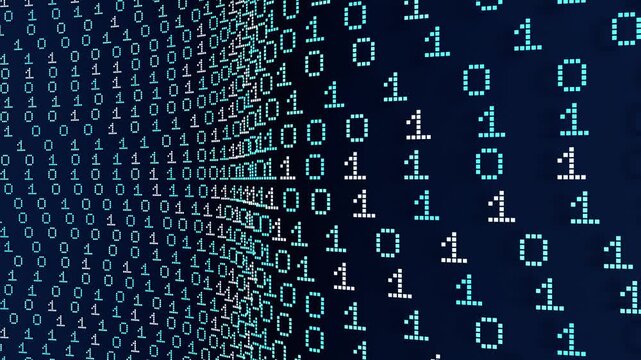 Abstract binary code in blue and white, computer language, machine learning. Technology, coding, science, software programming. 3D animation