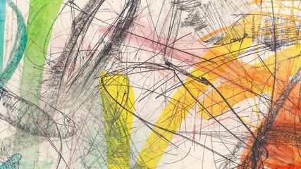 Starting camera panning across abstract canvas in studio on start, revealing teal to orange washes - Powered by Adobe