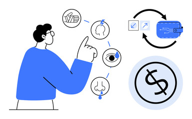 Person pointing at interconnected sensory icons of touch, sight, smell, hearing, circular wallet diagram. Ideal for decision-making, senses, trade, planning strategy psychology simple flat