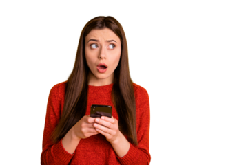 Photo of terrified stunned shocked horrified youngster holding telephone receiving negative feedback having forgotten her password to social media isolated vibrant color background