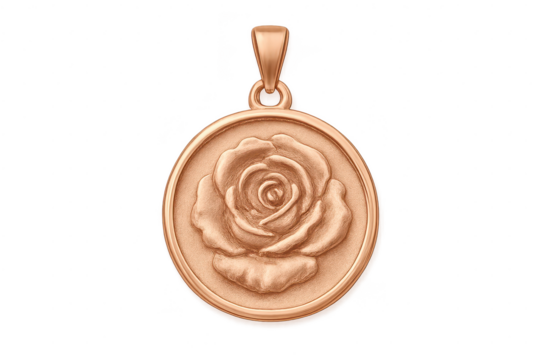 Elegant rose gold pendant with a detailed rose design, isolated on transparent background