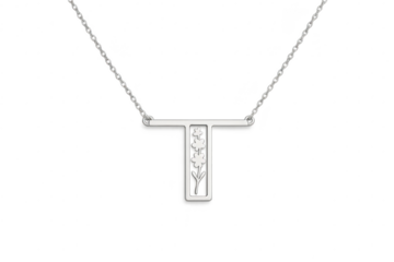 Elegant silver initial T necklace with floral details, isolated on transparent background