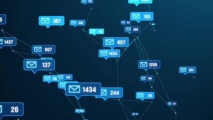 E-mail icons, inbox, digital communciation, blue polygon, plexus, network, text messaging, social media. Connected, lines, model, illuminated, futuristic, technology, number of emails. 3D animation - Powered by Adobe